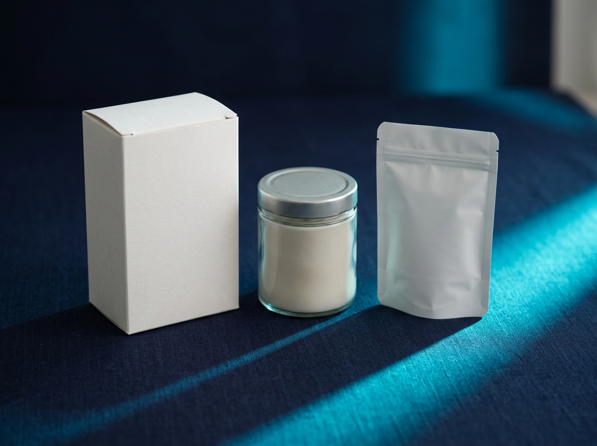 Unlabeled carton, jar, and pouch packaging samples