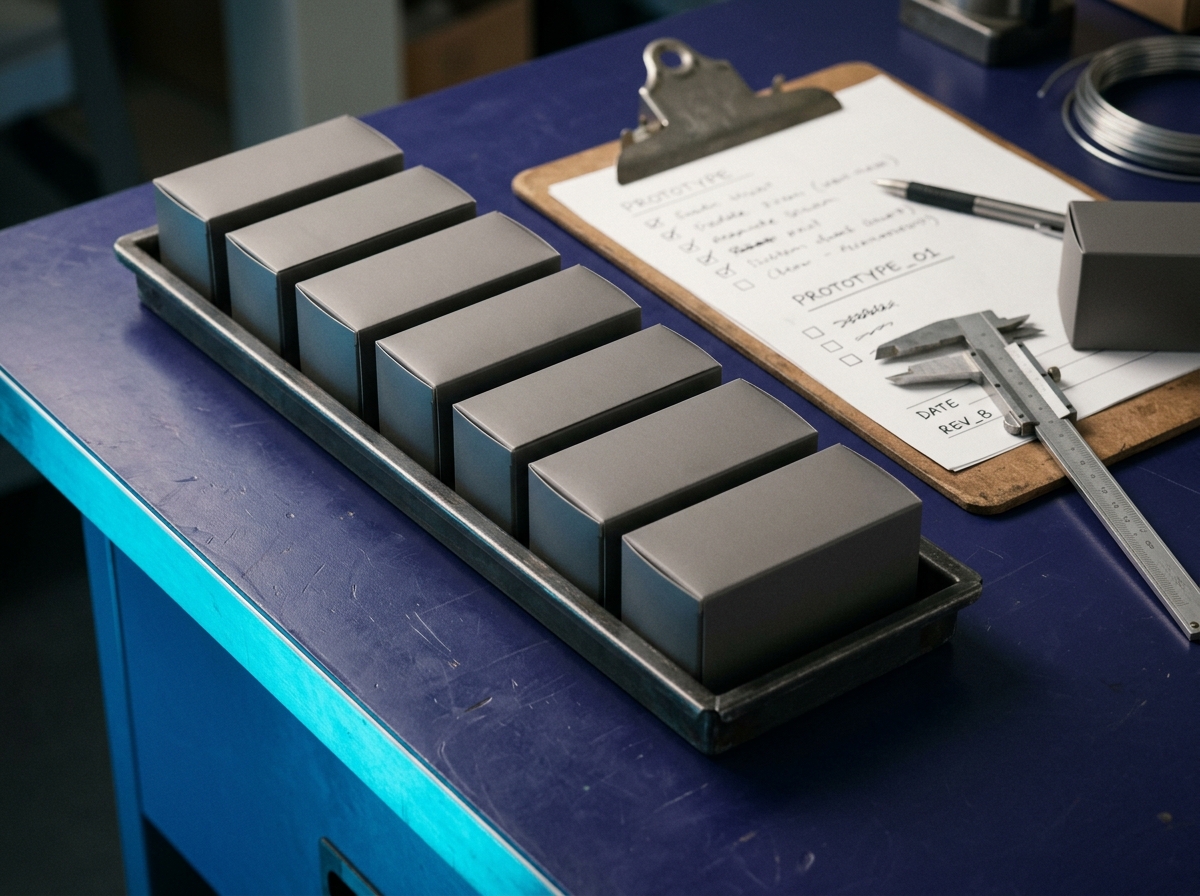 A short run of prototype packages beside a working checklist