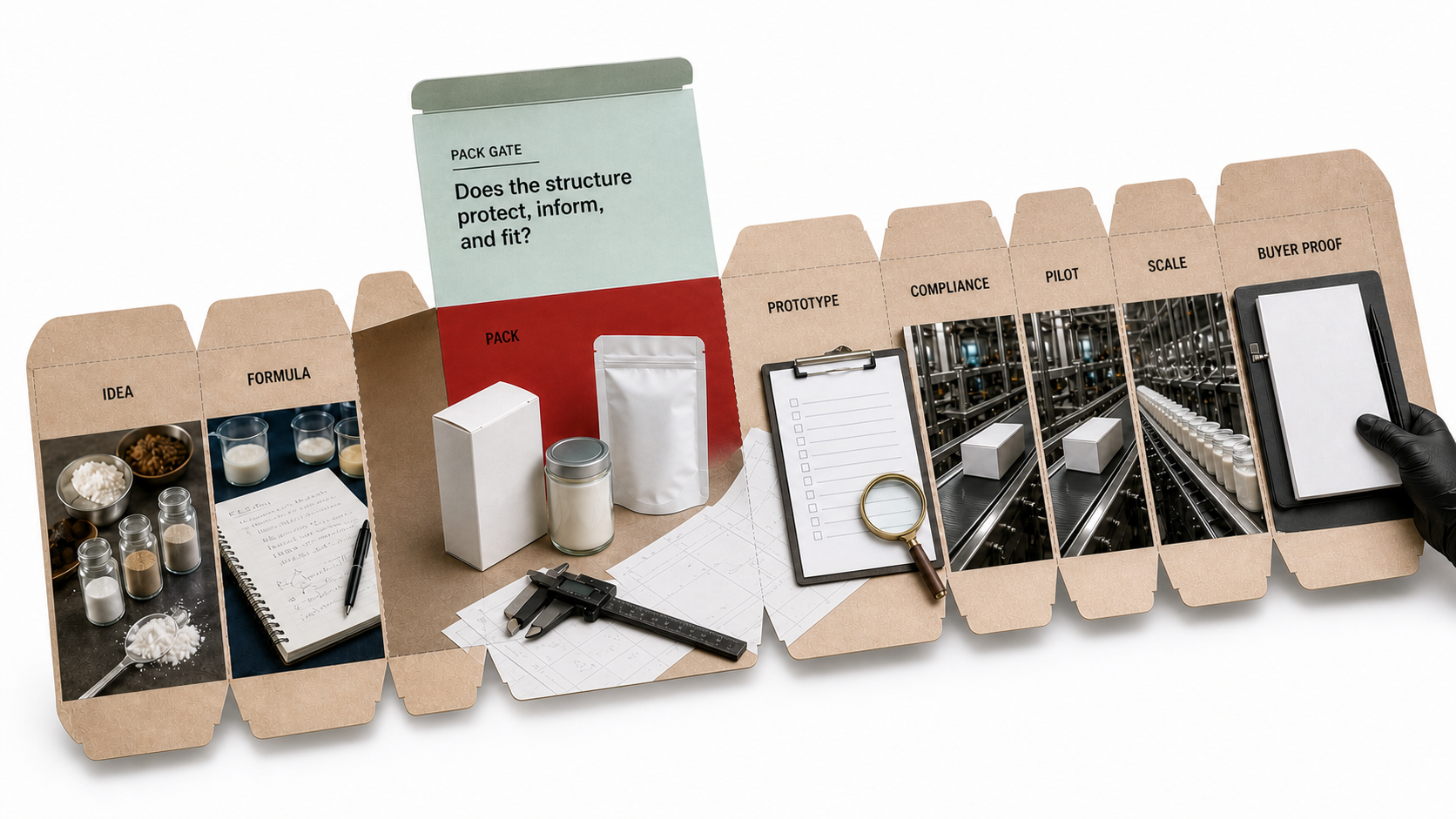 An unfolded package proof showing the physical stages from idea and formulation through packaging, compliance, pilot production, scale, and buyer proof